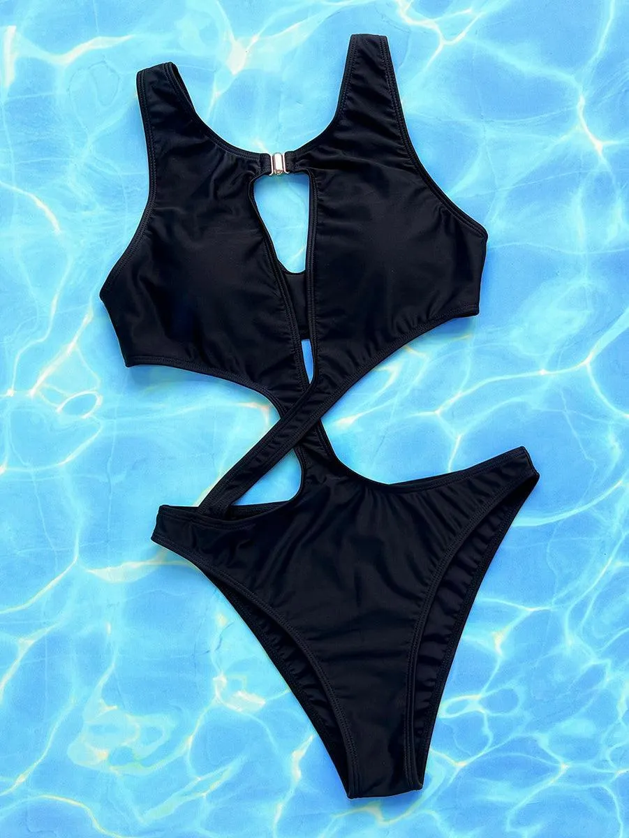 Women's Black One-Piece Swimsuit - Hollow Cutout Bathing Suit