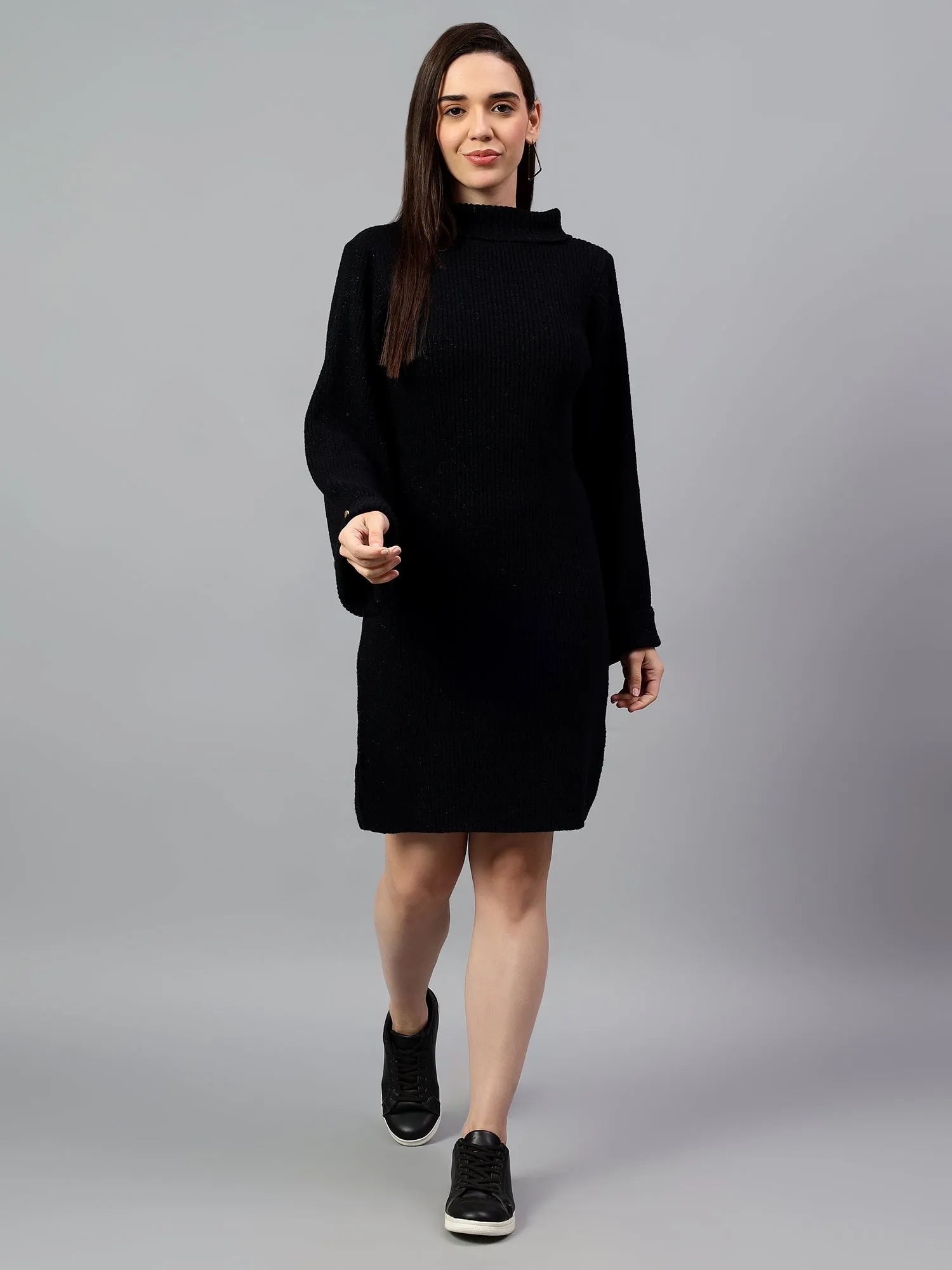 Women's Black Solid Above Knee Winter Casual Dress