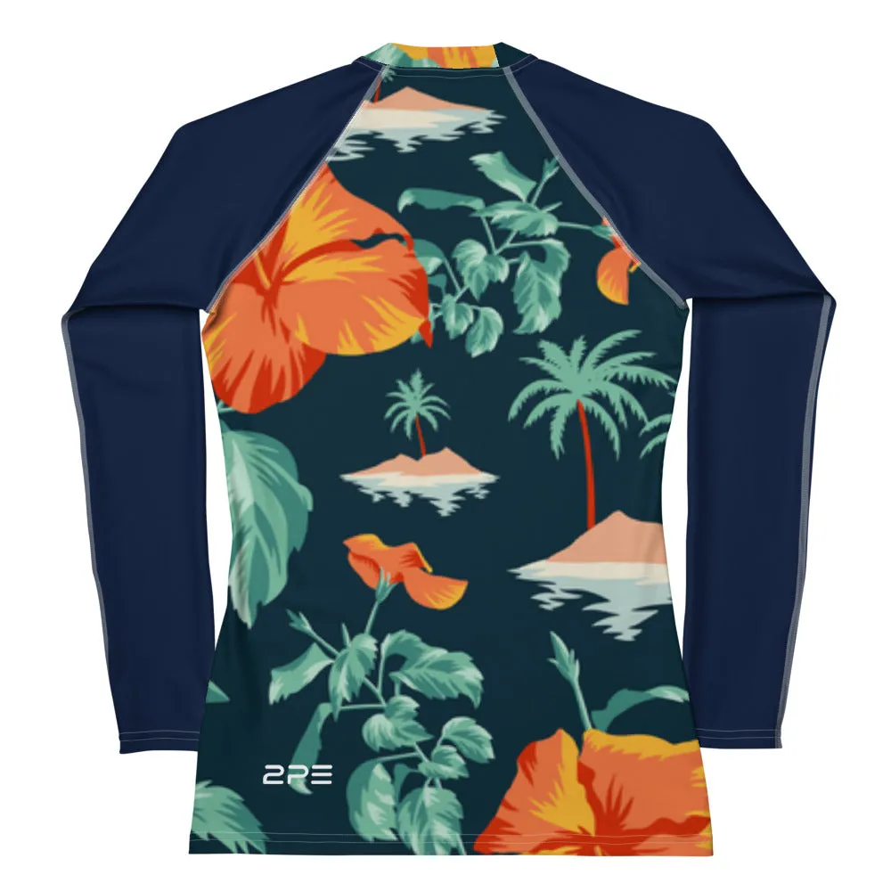 Women's Blue Orange Floral  Rash Guard