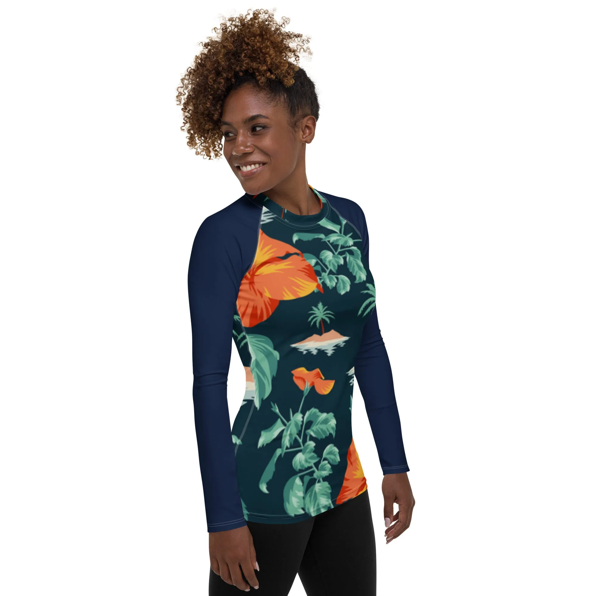 Women's Blue Orange Floral  Rash Guard