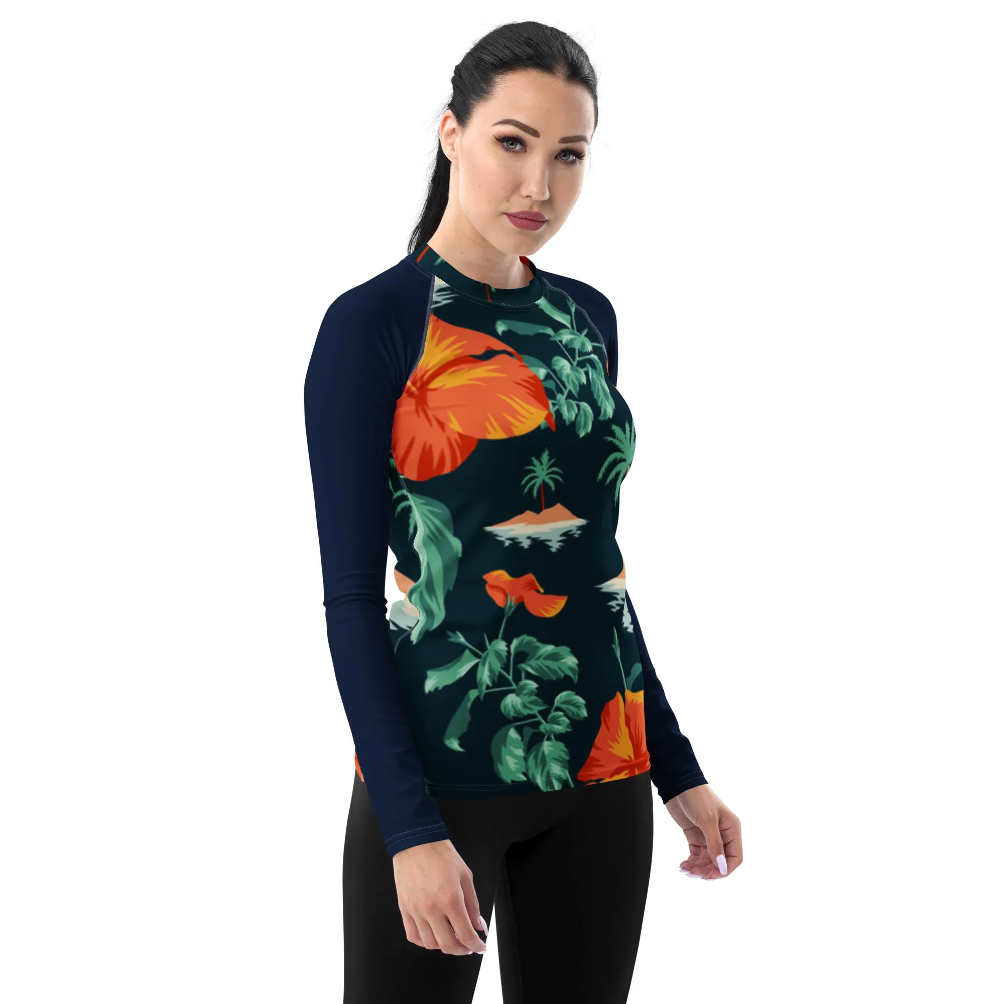 Women's Blue Orange Floral  Rash Guard