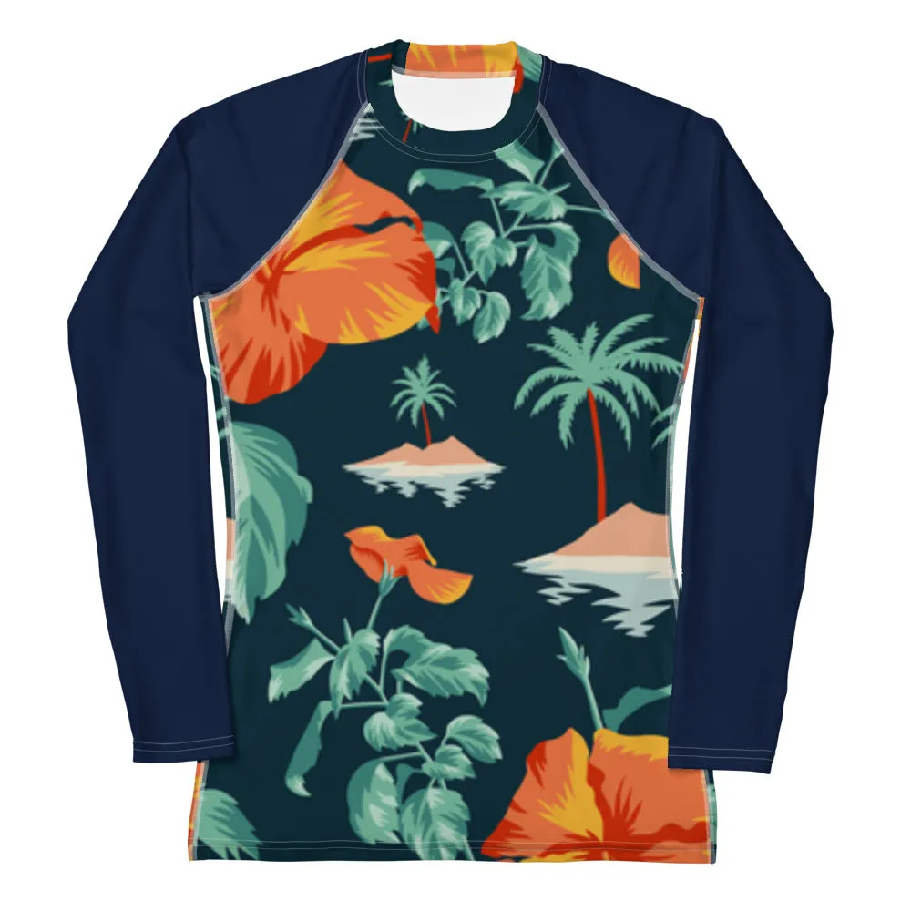 Women's Blue Orange Floral  Rash Guard