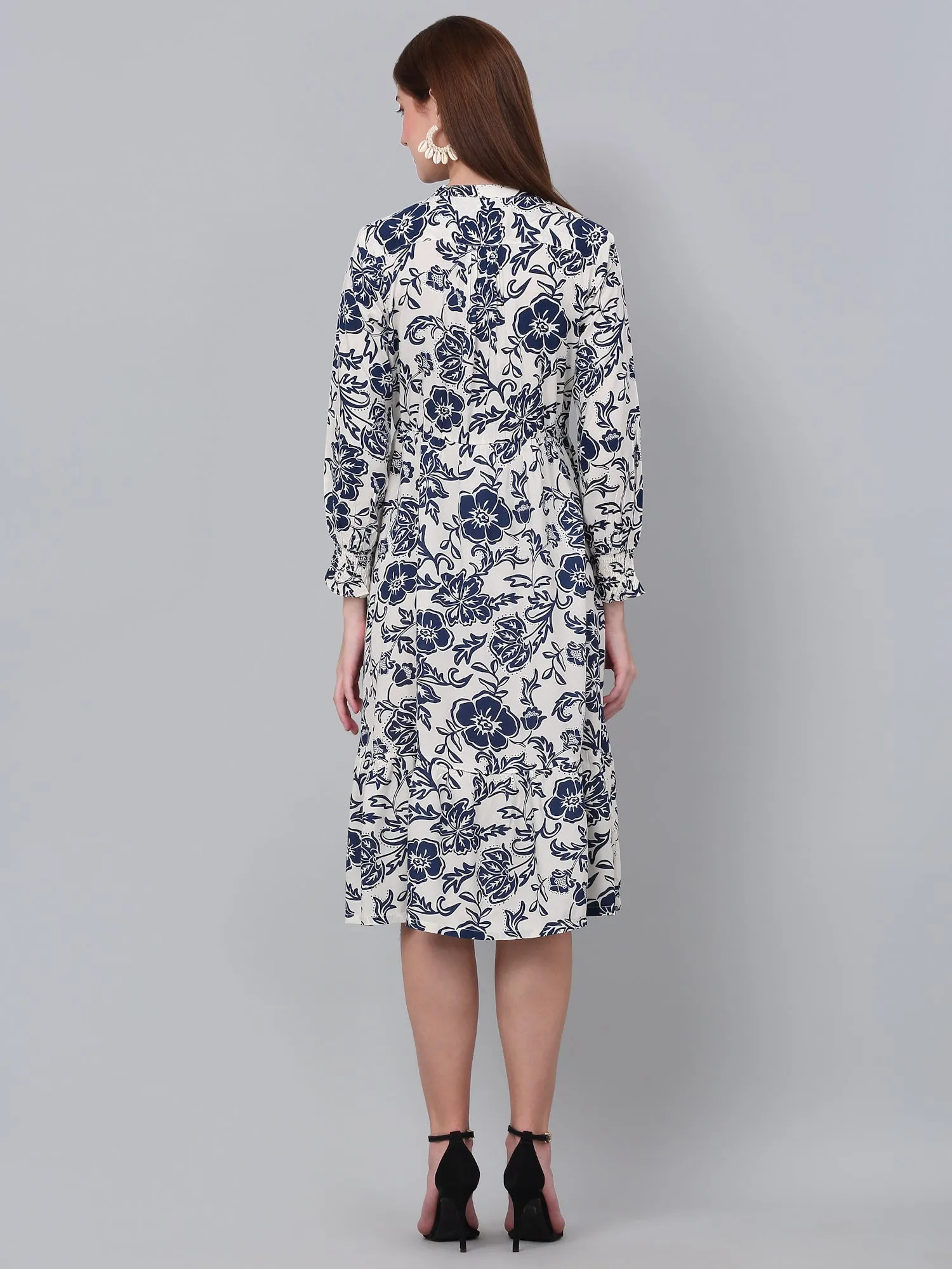 Women's Casual Mandarin collar Blue Floral Print Fit & Flared Dress