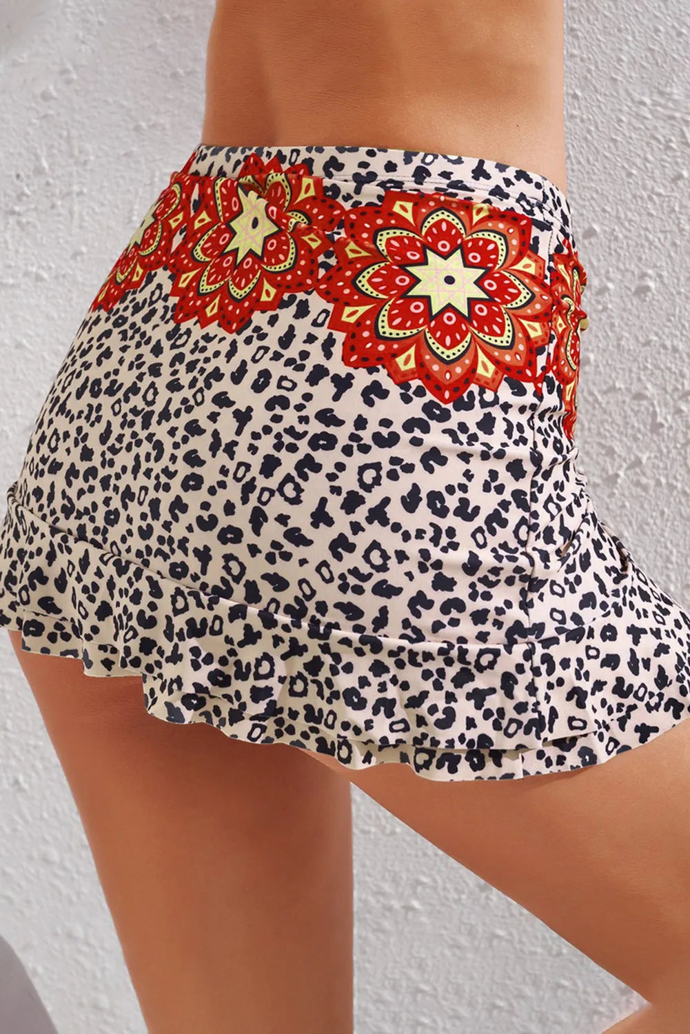 Women's Leopard Drawstring Ruched Swim Skirt