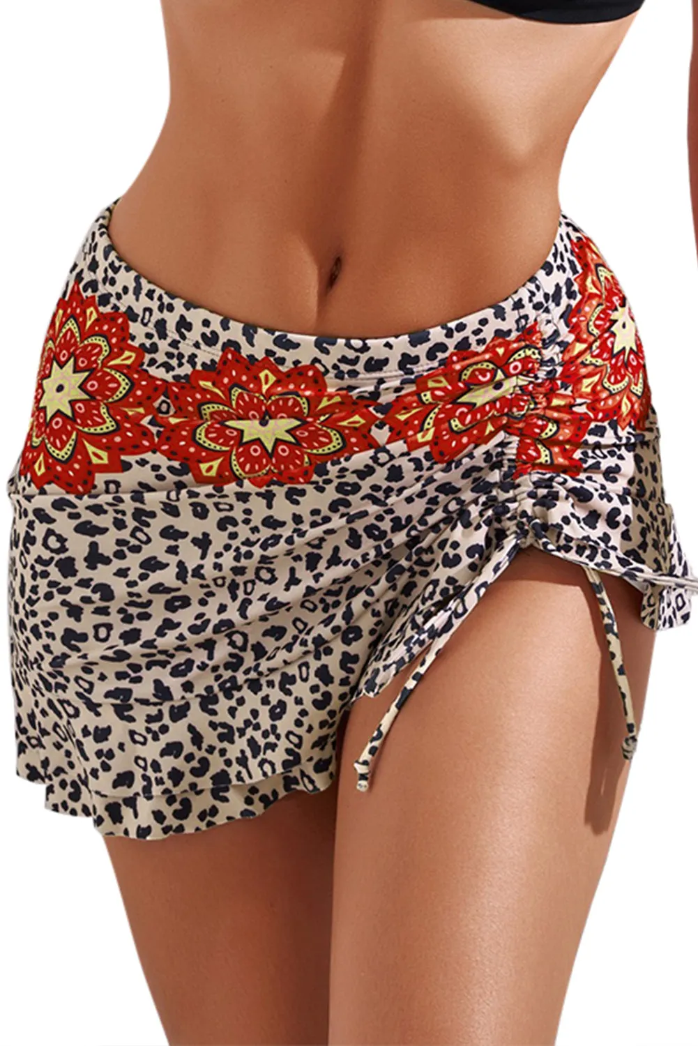 Women's Leopard Drawstring Ruched Swim Skirt