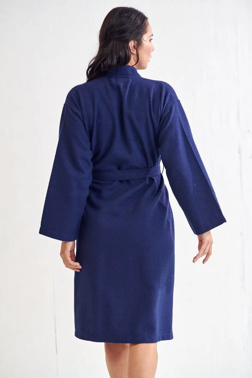 Women's Long Cotton Turkish Waffle Bathrobe, Kimono Style, Luxury Robe Poly blend (Navy)