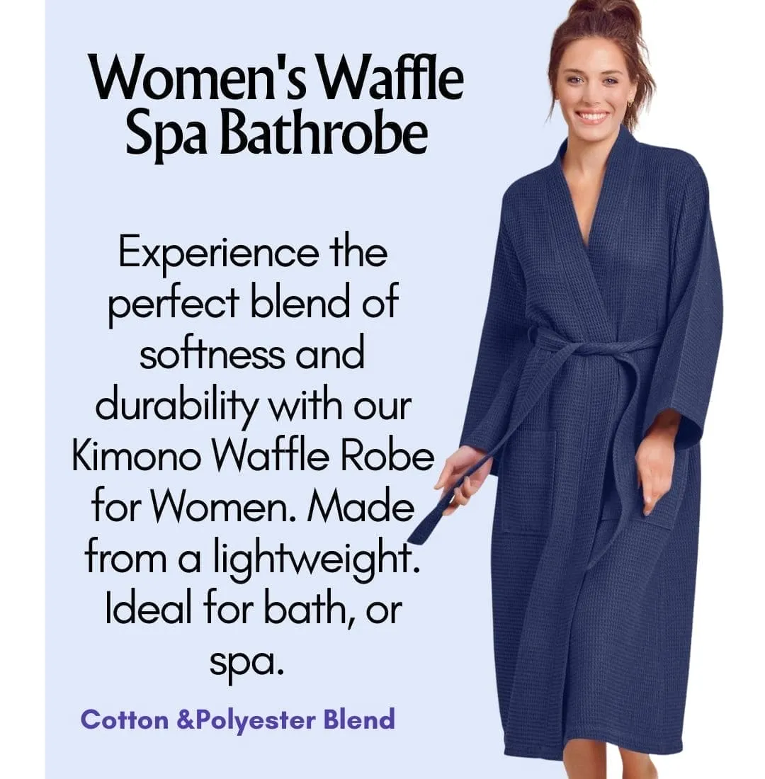 Women's Long Cotton Turkish Waffle Bathrobe, Kimono Style, Luxury Robe Poly blend (Navy)