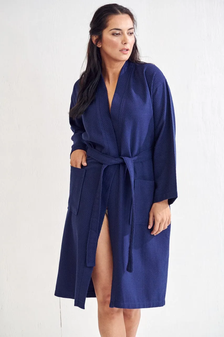 Women's Long Cotton Turkish Waffle Bathrobe, Kimono Style, Luxury Robe Poly blend (Navy)