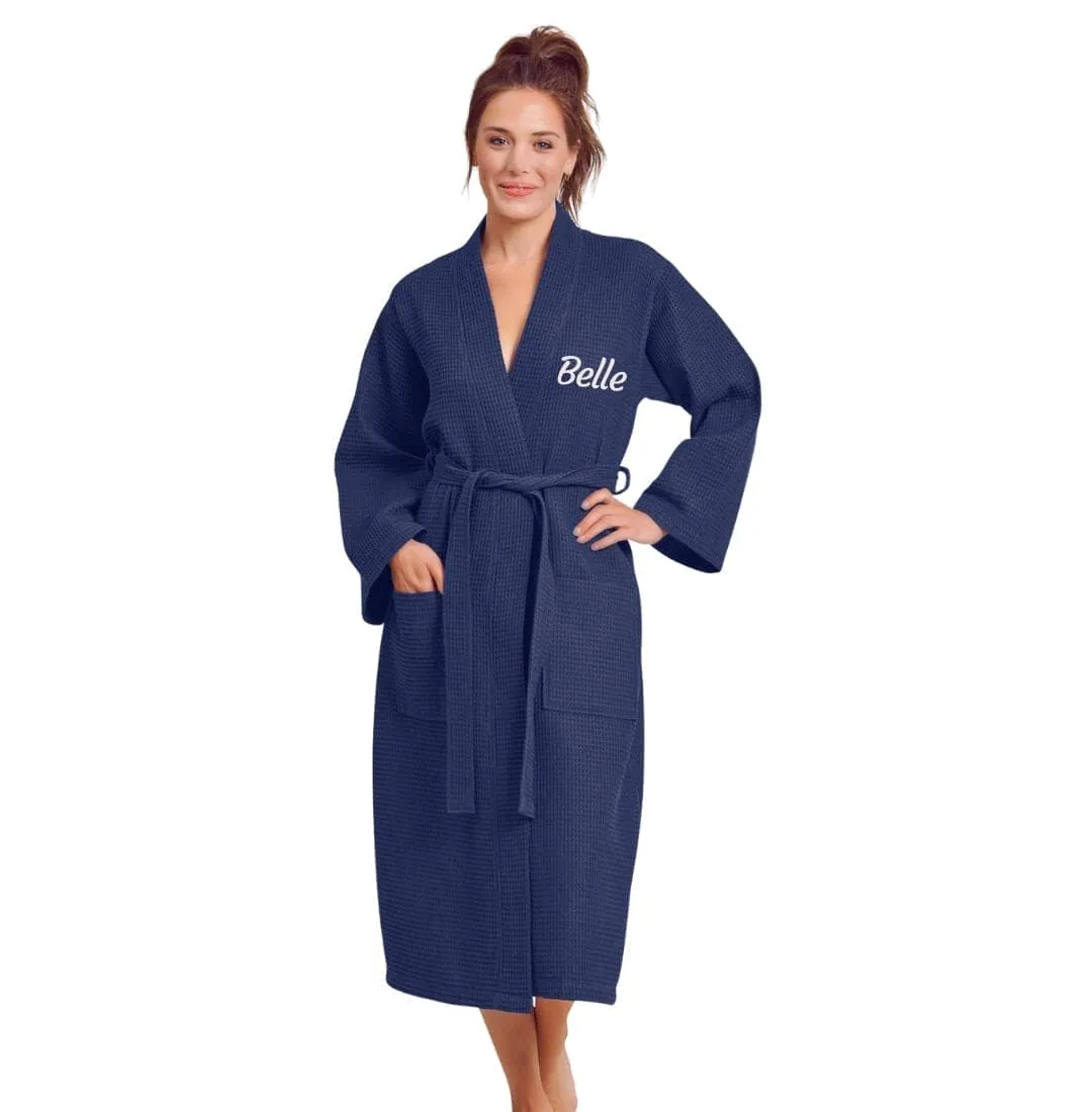 Women's Long Cotton Turkish Waffle Bathrobe, Kimono Style, Luxury Robe Poly blend (Navy)