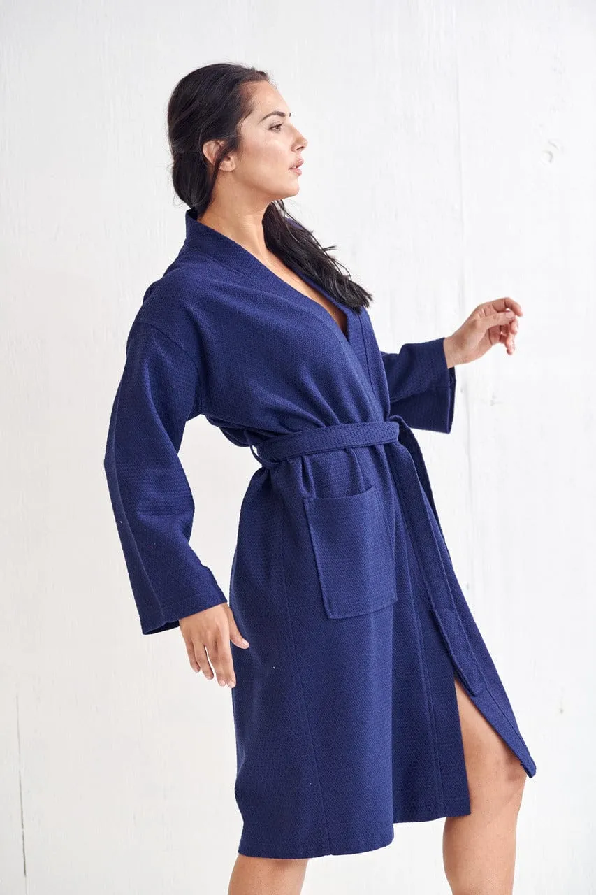 Women's Long Cotton Turkish Waffle Bathrobe, Kimono Style, Luxury Robe Poly blend (Navy)