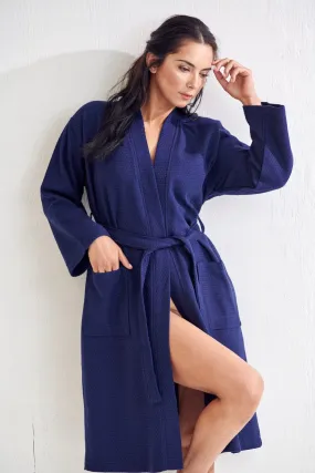 Women's Long Cotton Turkish Waffle Bathrobe, Kimono Style, Luxury Robe Poly blend (Navy)