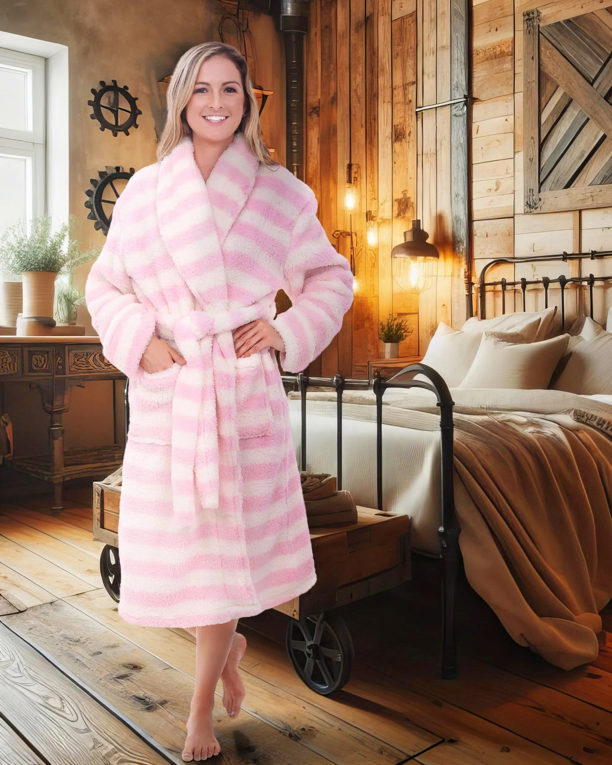 Women's Plush Fleece Robe, Shaggy Feather Bathrobe