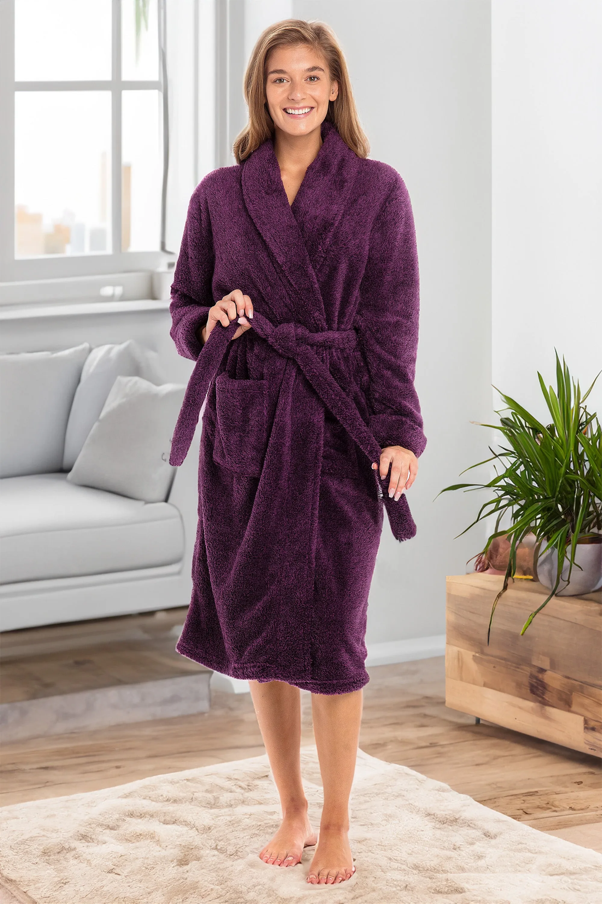 Women's Plush Fleece Robe, Shaggy Feather Bathrobe