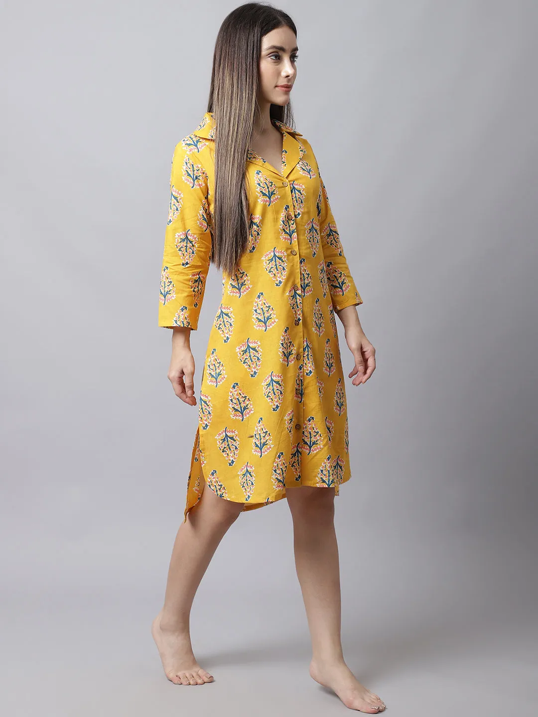 Women's Printed Knee Length Sleepshirt/ Night Shirt Dress - Yellow