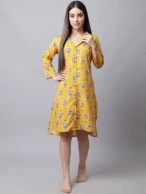 Women's Printed Knee Length Sleepshirt/ Night Shirt Dress - Yellow