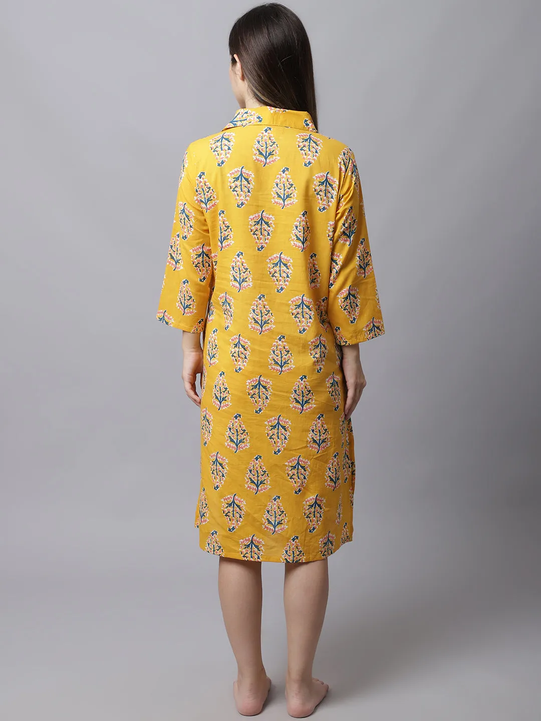 Women's Printed Knee Length Sleepshirt/ Night Shirt Dress - Yellow