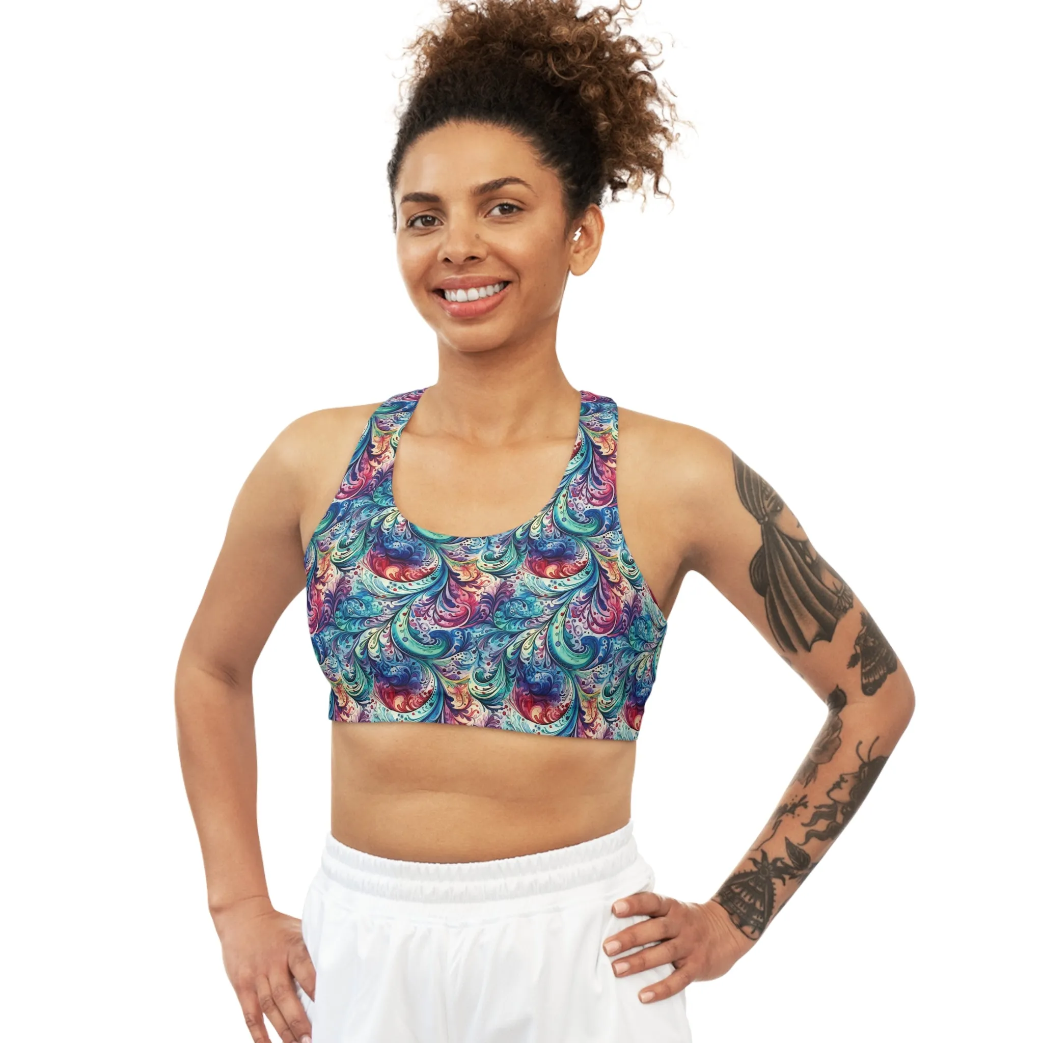 Women's Seamless Sports Bra, Blue Paisley, Women's Crop Top, Women's Sportswear, Women's Athleticwear, Women's Activewear