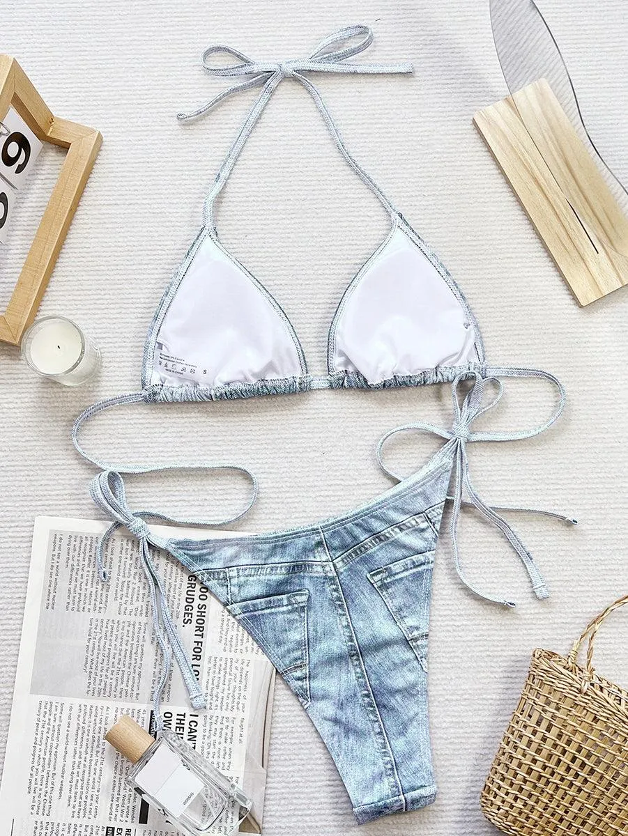 Women's Sexy Denim Print Bikini Set - Fashionable Beachwear