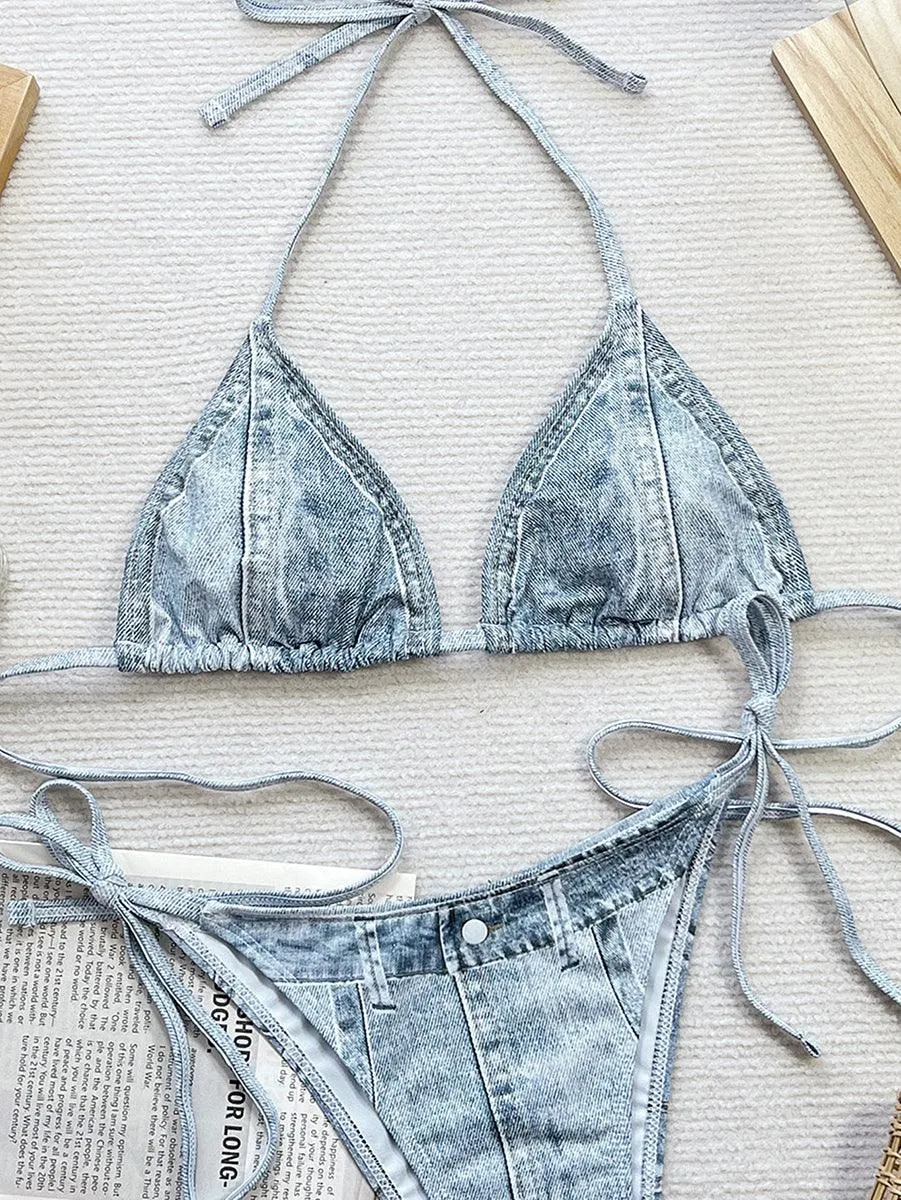 Women's Sexy Denim Print Bikini Set - Fashionable Beachwear