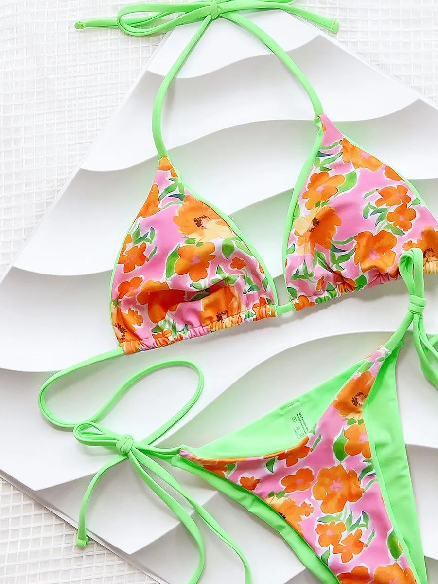 Women's Sexy String Bikini Set - Orange Flowers Beachwear