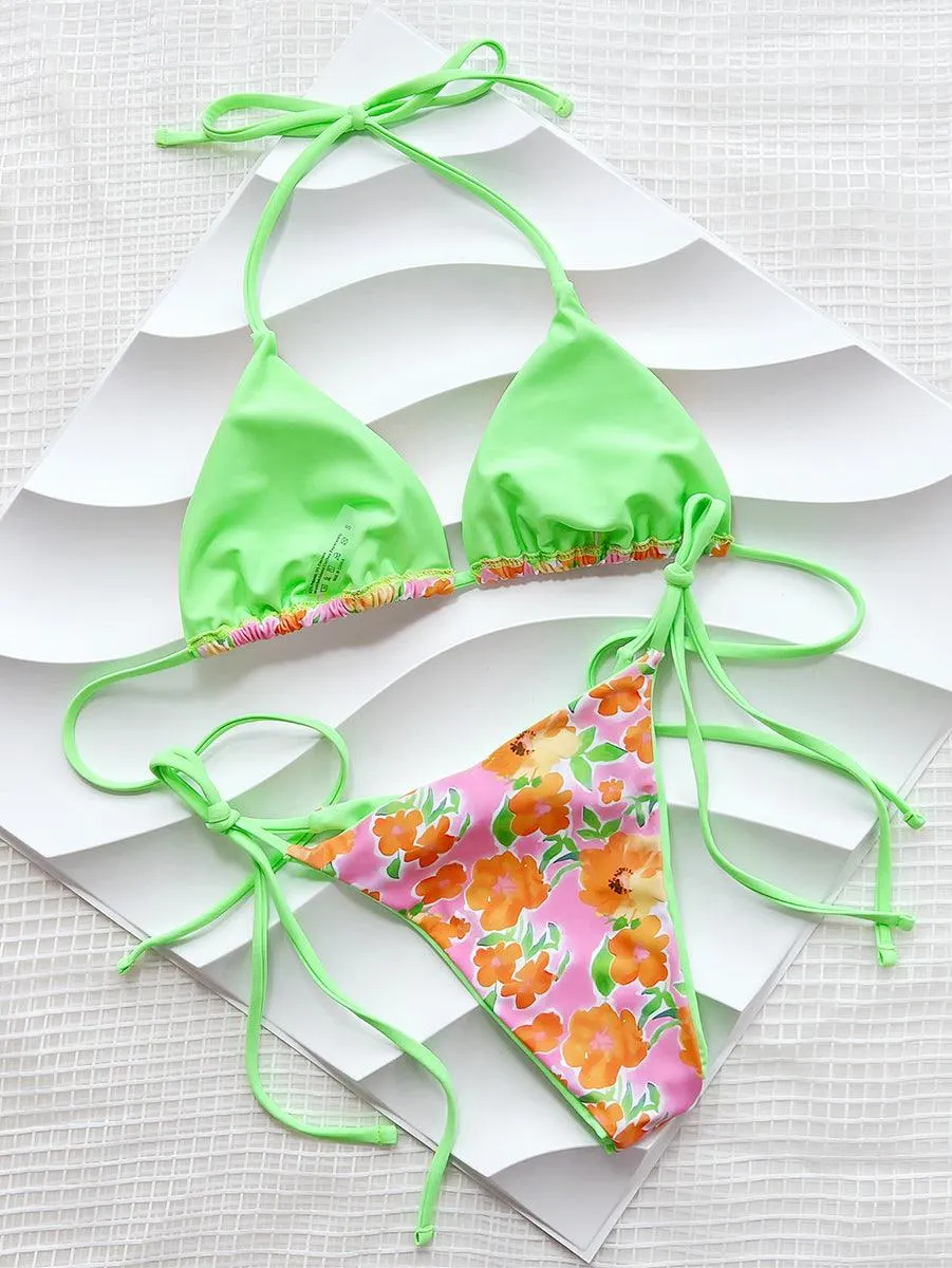 Women's Sexy String Bikini Set - Orange Flowers Beachwear