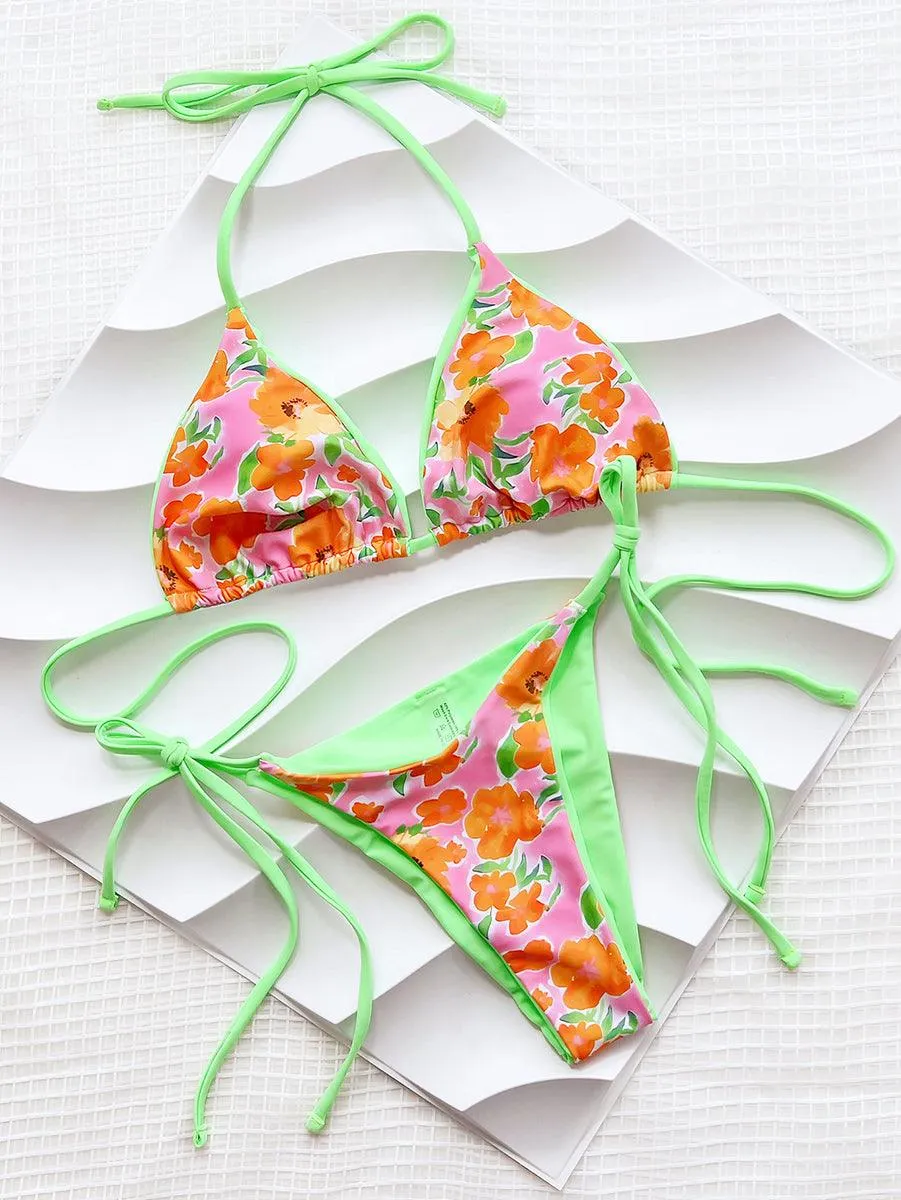 Women's Sexy String Bikini Set - Orange Flowers Beachwear