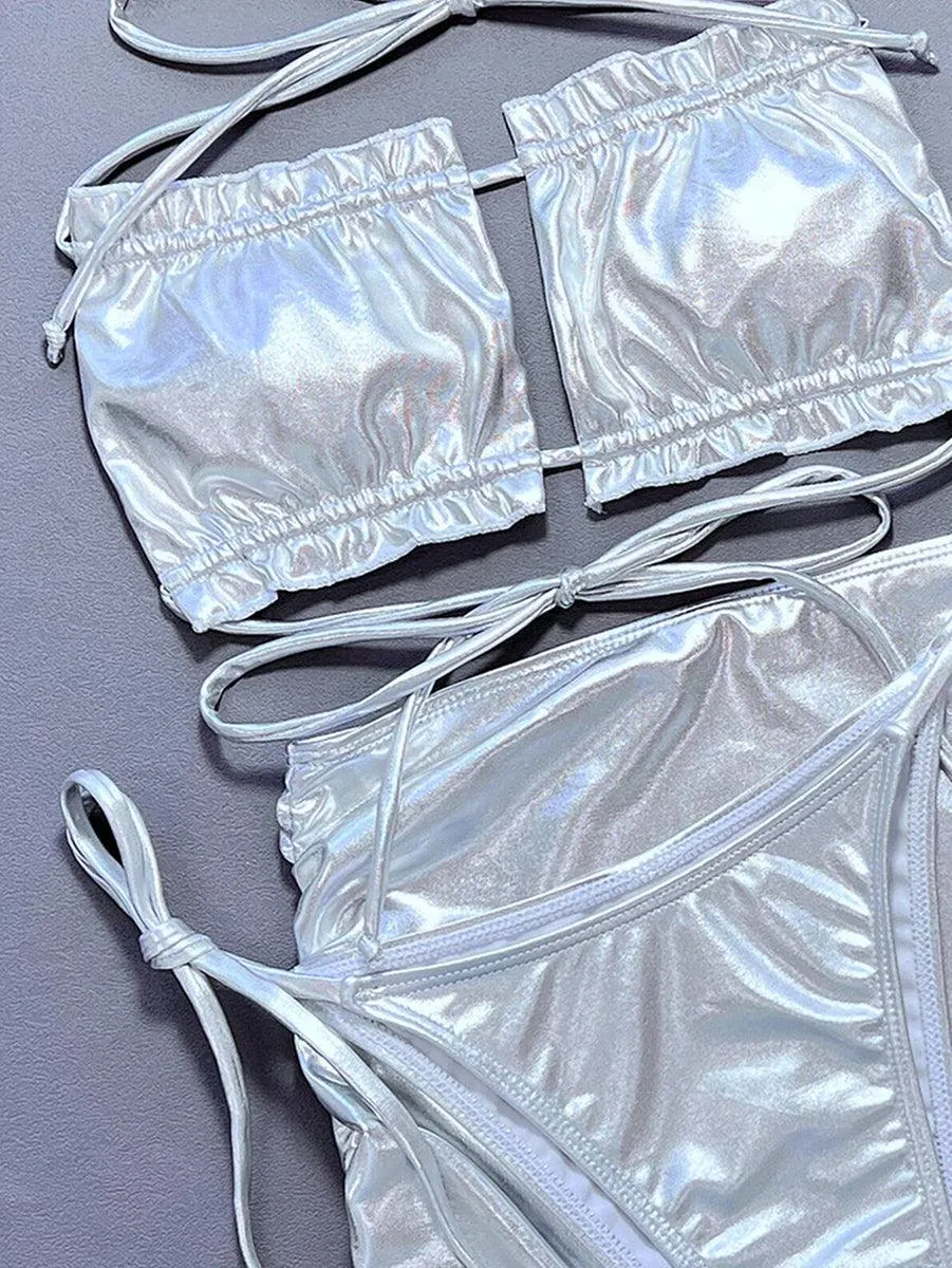 Women's String Bikini Set With Cover-Up | Sexy Silver Beachwear