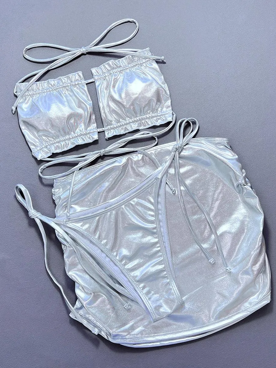 Women's String Bikini Set With Cover-Up | Sexy Silver Beachwear