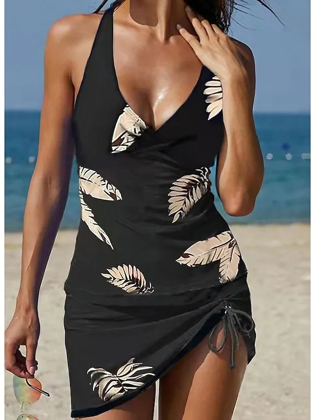 Women's Swimwear Tankini Swim Dress 2 Piece Plus Size Swimsuit Halter 2 Piece Modest Swimwear Open Back Printing Trees / Leaves Black Halter V Wire Bathing Suits New Vacation Fashion