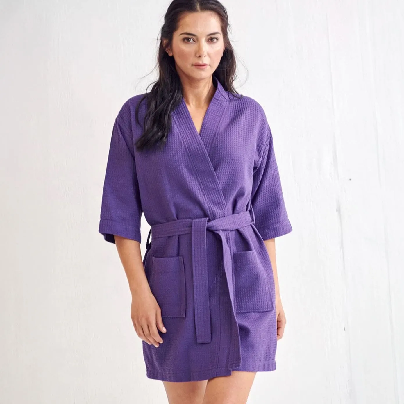 Women's Waffle Kimono Short Bathrobe- Luxurious Cotton Turkish, Absorbency & Lightweight  (Purple)