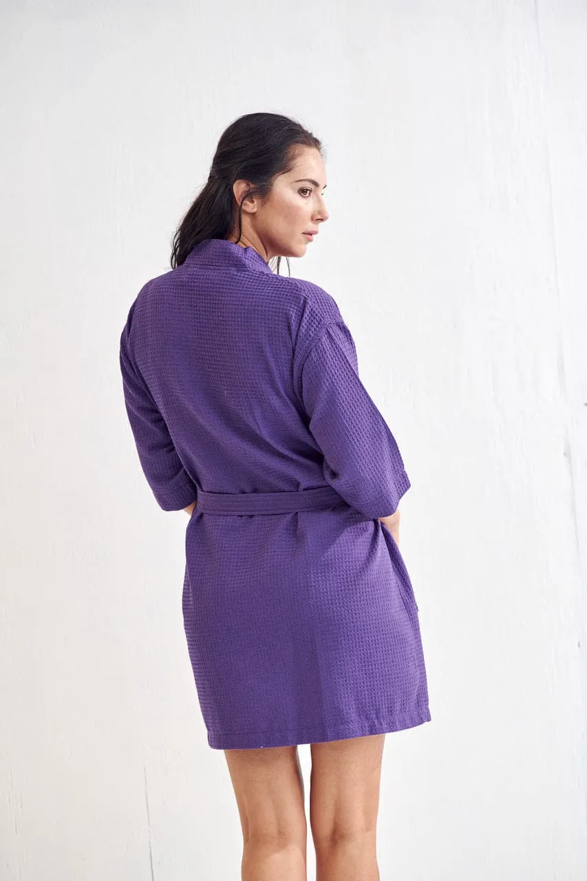 Women's Waffle Kimono Short Bathrobe- Luxurious Cotton Turkish, Absorbency & Lightweight  (Purple)