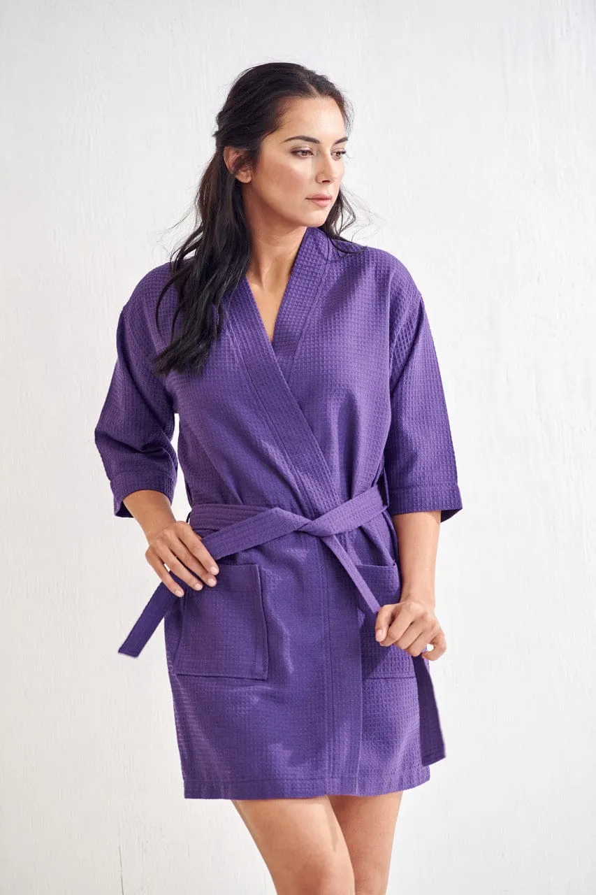 Women's Waffle Kimono Short Bathrobe- Luxurious Cotton Turkish, Absorbency & Lightweight  (Purple)