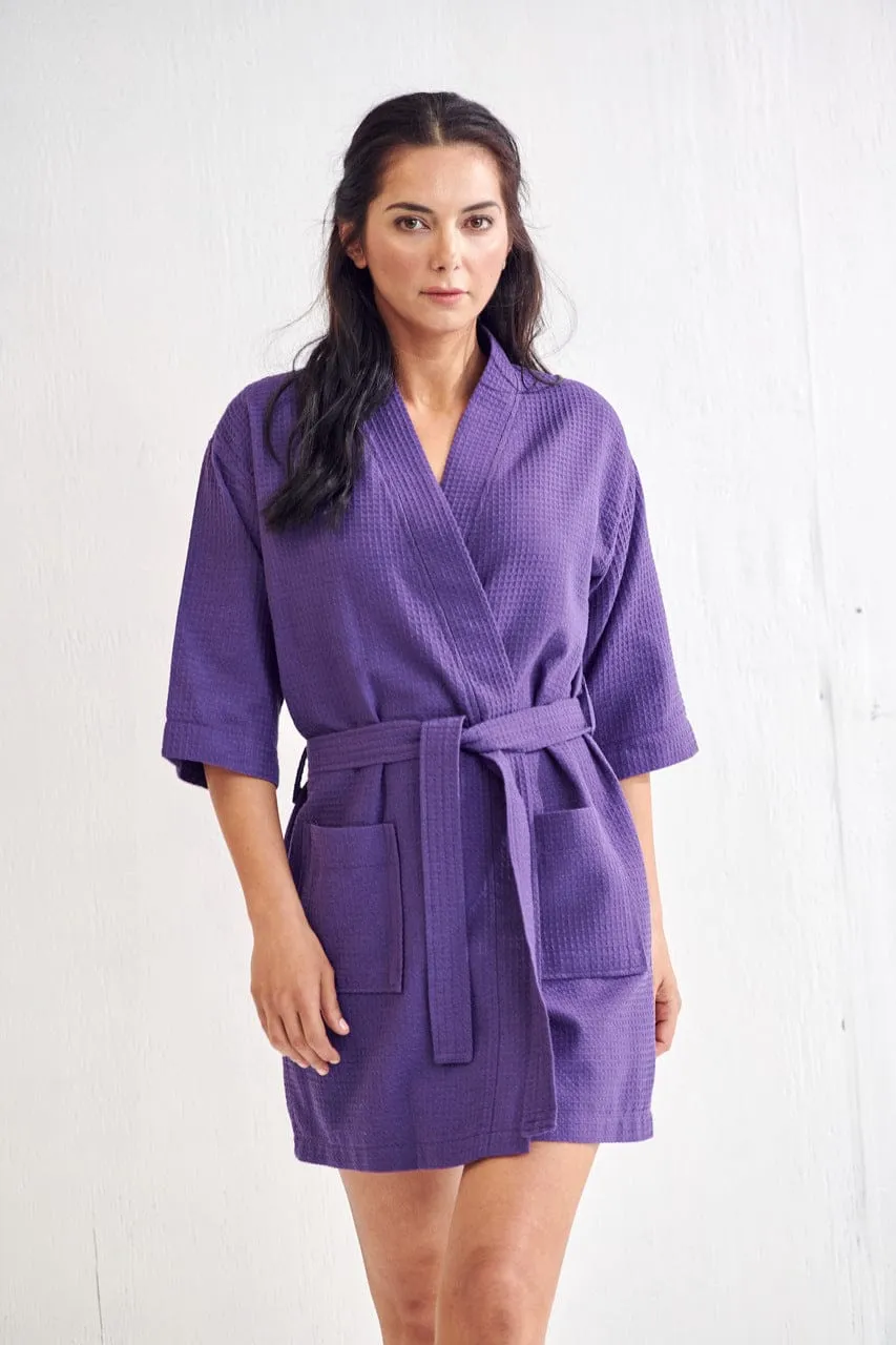 Women's Waffle Kimono Short Bathrobe- Luxurious Cotton Turkish, Absorbency & Lightweight  (Purple)