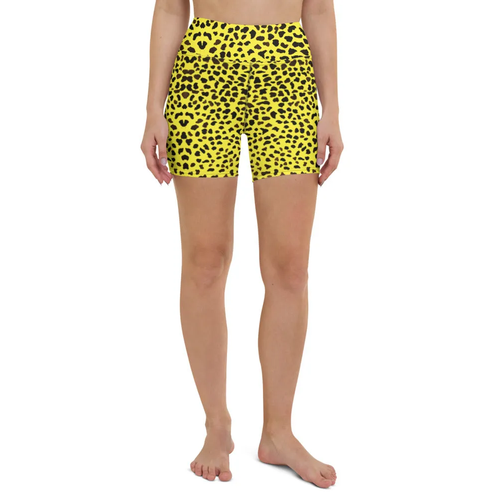 Yellow Cheetah Print Yoga Shorts, Leopard Animal Print Women's Yoga Tights-Made in USA/EU