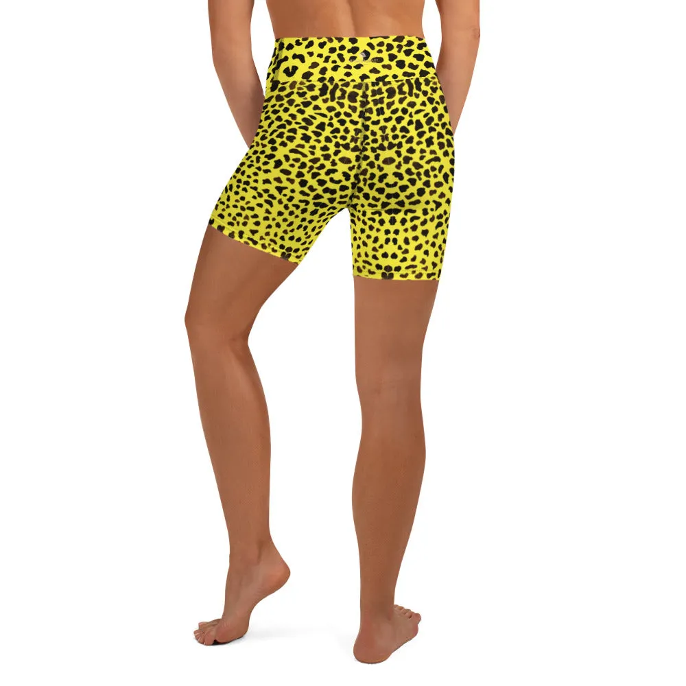 Yellow Cheetah Print Yoga Shorts, Leopard Animal Print Women's Yoga Tights-Made in USA/EU