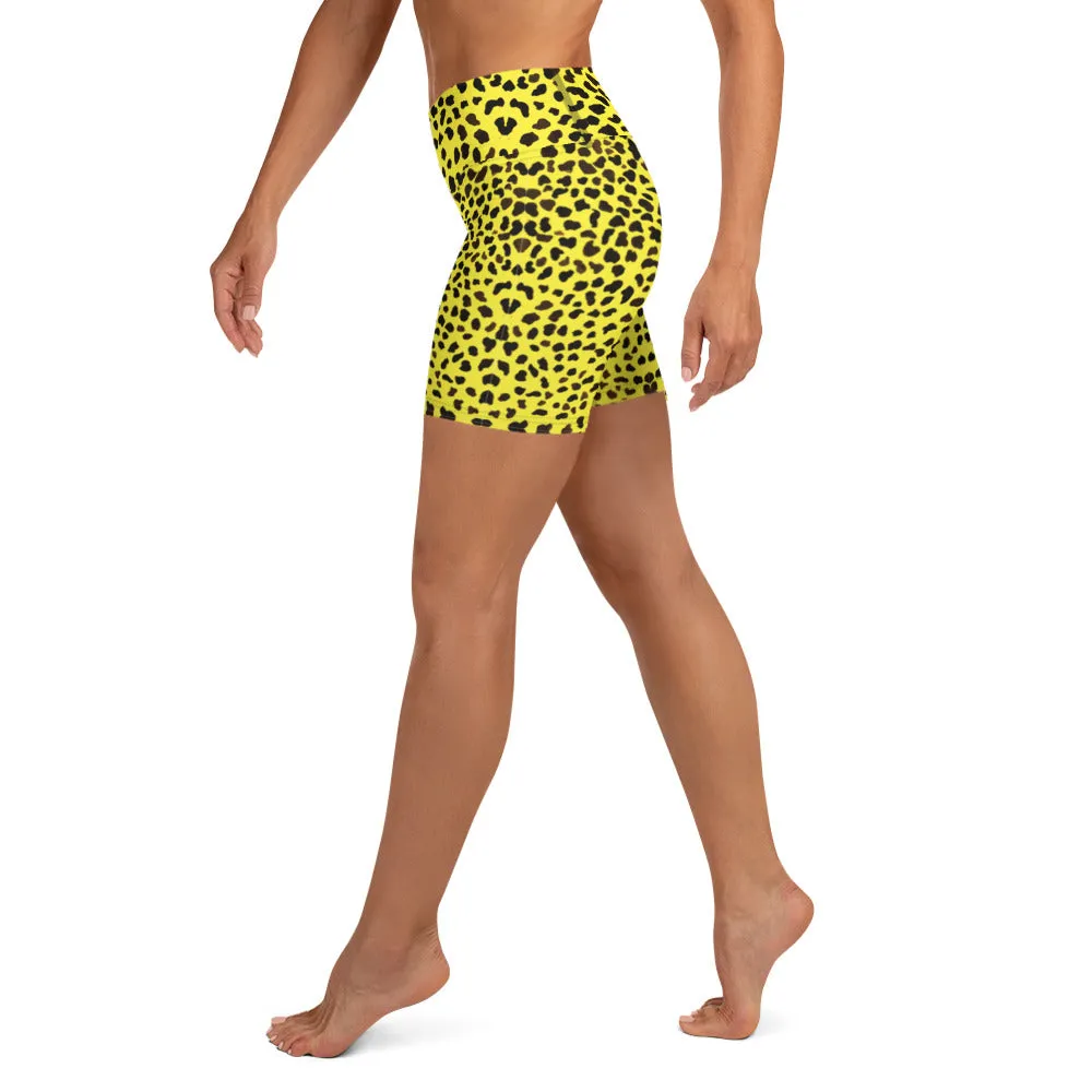 Yellow Cheetah Print Yoga Shorts, Leopard Animal Print Women's Yoga Tights-Made in USA/EU