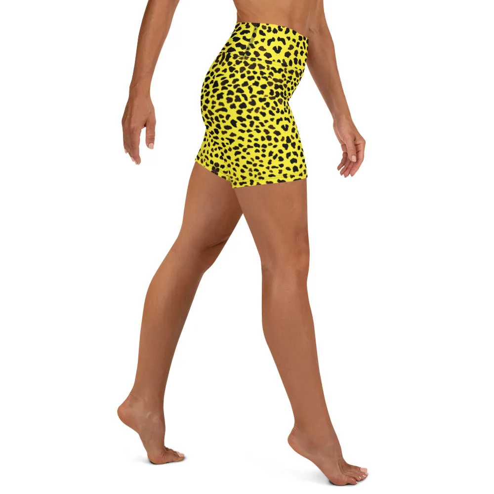 Yellow Cheetah Print Yoga Shorts, Leopard Animal Print Women's Yoga Tights-Made in USA/EU