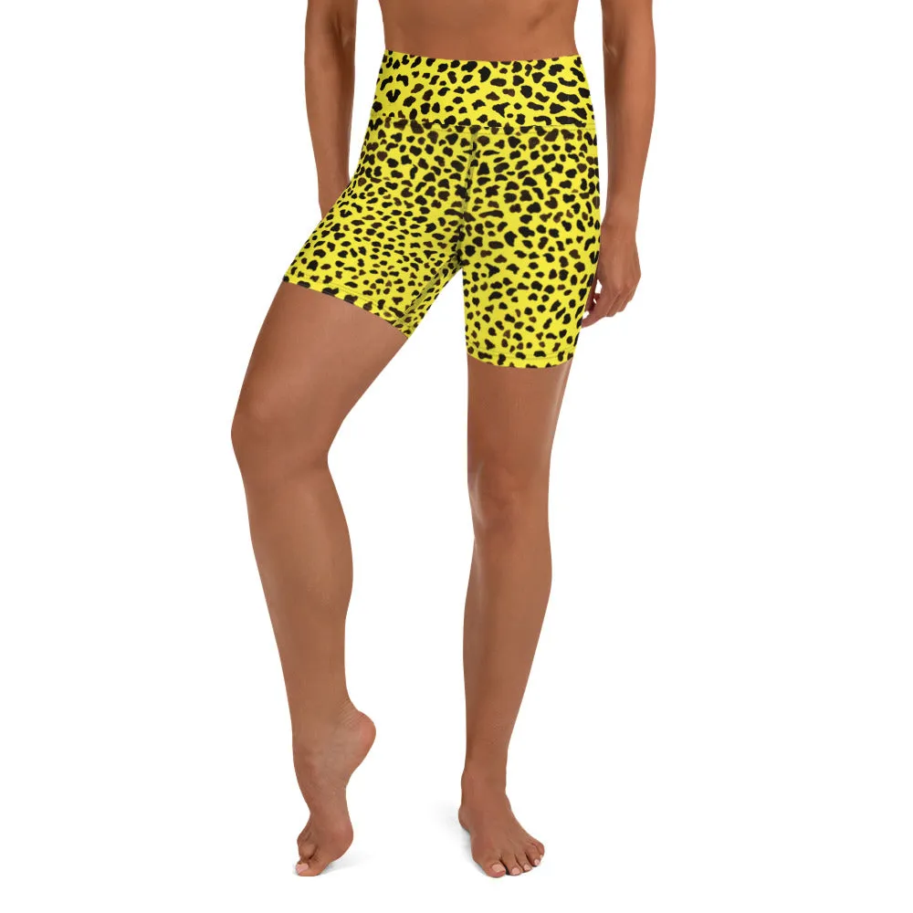 Yellow Cheetah Print Yoga Shorts, Leopard Animal Print Women's Yoga Tights-Made in USA/EU