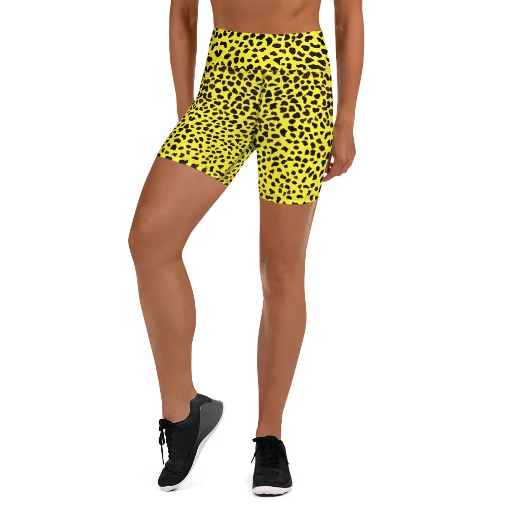 Yellow Cheetah Print Yoga Shorts, Leopard Animal Print Women's Yoga Tights-Made in USA/EU