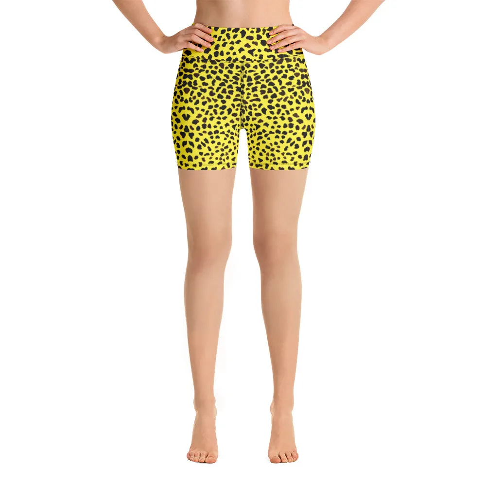 Yellow Cheetah Print Yoga Shorts, Leopard Animal Print Women's Yoga Tights-Made in USA/EU