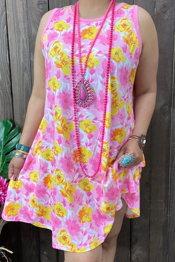 YMY13142 Floral yellow&pink color floral printed sleeveless women dresses